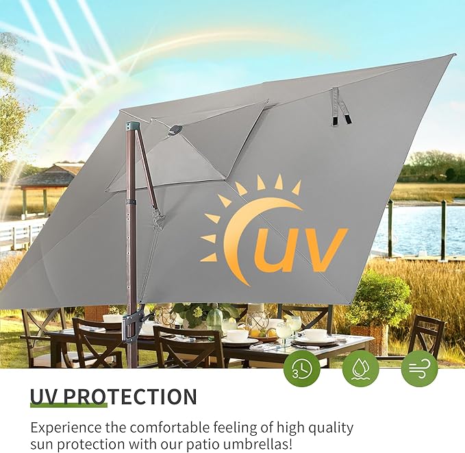 JZAC & QZYD 10X13 FT Outdoor Cantilever Patio Umbrella with Base Included and LED Lights, Large Heavy Duty 2-Tier Aluminum Offset Umbrellas with 360-Degree Rotation for Pool Deck, Grey