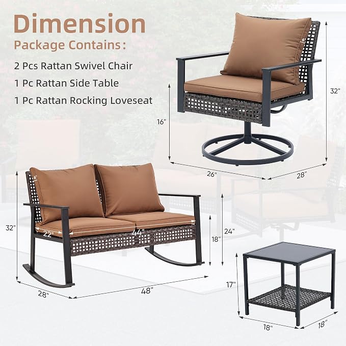 Ainfox Patio Furniture Set 4 Pieces, Patio Wicker Rattan Swivel Rocker, Outdoor Swivel Rocking Chairs Set with Loveseat, Garden Conversation Bistro Sets for Porch, Pool, Backyard Brown