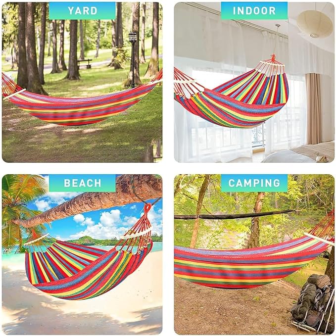 Cotton Canvas Hammock with Tree Straps Spreader Bar Swing Bed for Balcony, Backyard, Camping & Beach - Max Load 280kg (red)