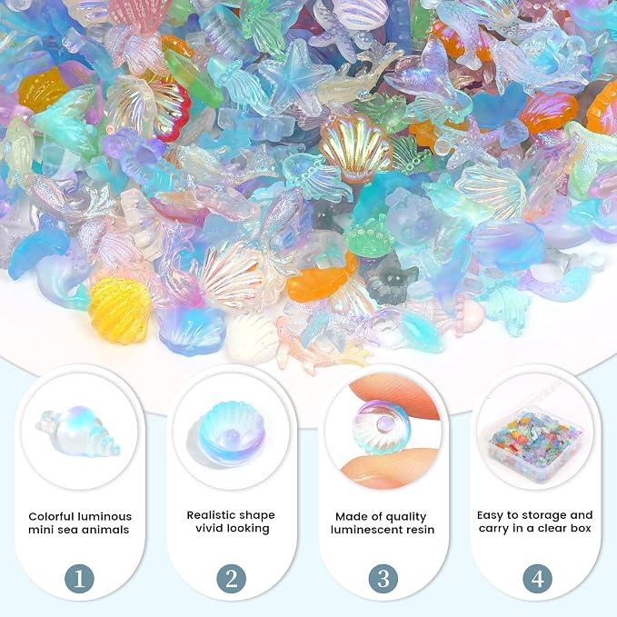 300pcs Luminous Mini Ocean Resin Animals Tiny Resin Sea Animal Figurines To Hide Variety Marine Plastic Animals Aquarium Ornaments for Dollhouse Miniatures DIY Fish Tank Fairy Garden Micro Landscaping