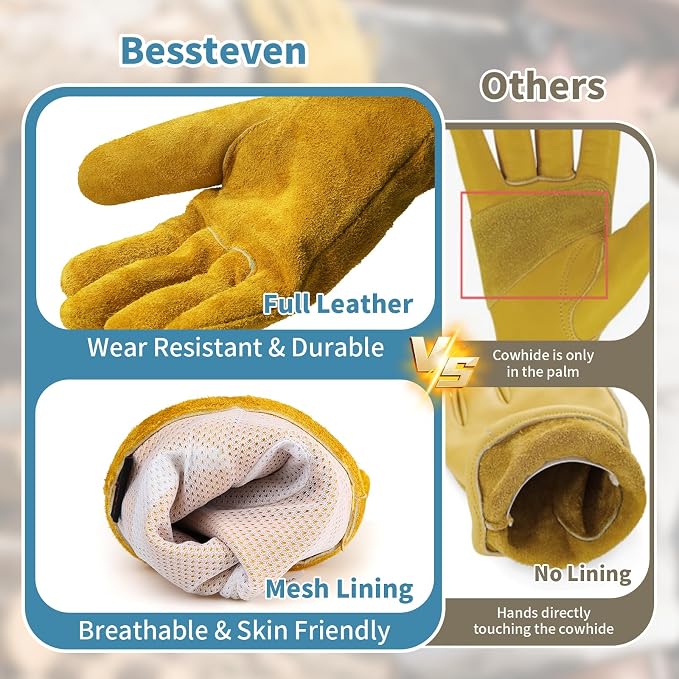 Leather Gardening Gloves for Men Women: Thorn Proof Cowhide Work Gloves | Garden Gloves for Yard Work, Reinforced Palm, Puncture Resistant, Breathable, for Rose Pruning, Heavy Duty, Construction
