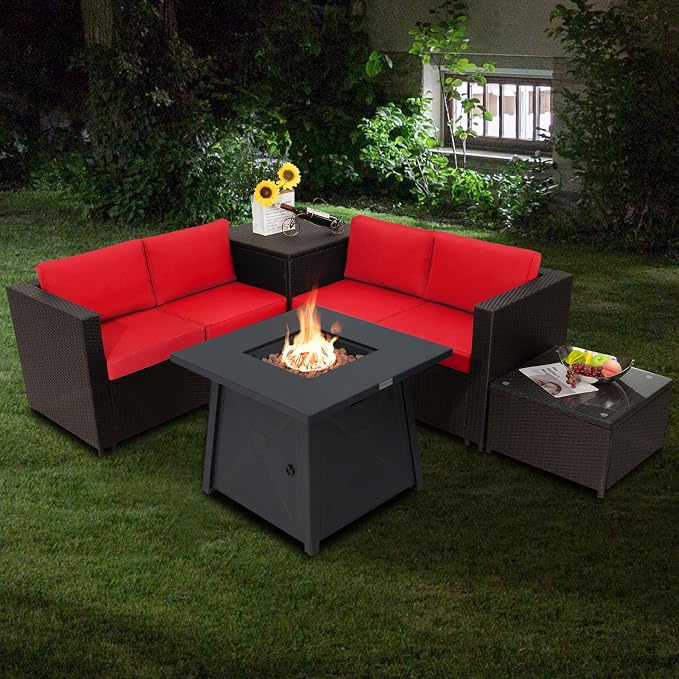 Tangkula 5 Piece Patio Furniture Set with 50,000 BTU Propane Fire Pit Table, Outdoor Wicker Conversation Set w/Cushions, Storage Box and Tempered Glass Coffee Table, 30" Gas Fire Pit Table (Red)