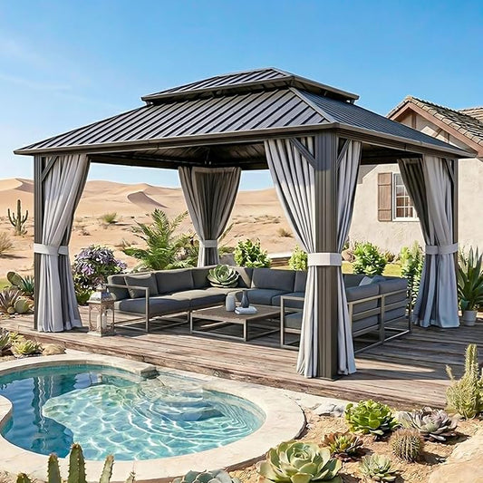 12x14FT Hardtop Gazebo, Metal Frame with Double Galvanized Steel Roof, Permanent Outdoor Pergola with Curtains and Netting Included for Backyard, Patio, Lawn and Garden, Gray