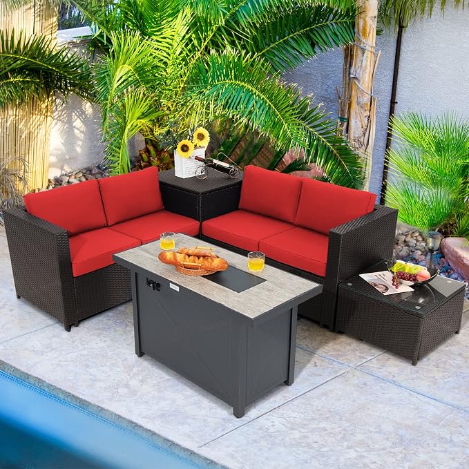 COSTWAY 5 Piece Patio Furniture Set with 42'' Fire Pit Table, Outdoor Wicker Rattan Loveseat Sofa with 4'' Thickened Cushions, 2 Side Tables, Sectional Conversation Set for Backyard (Red)