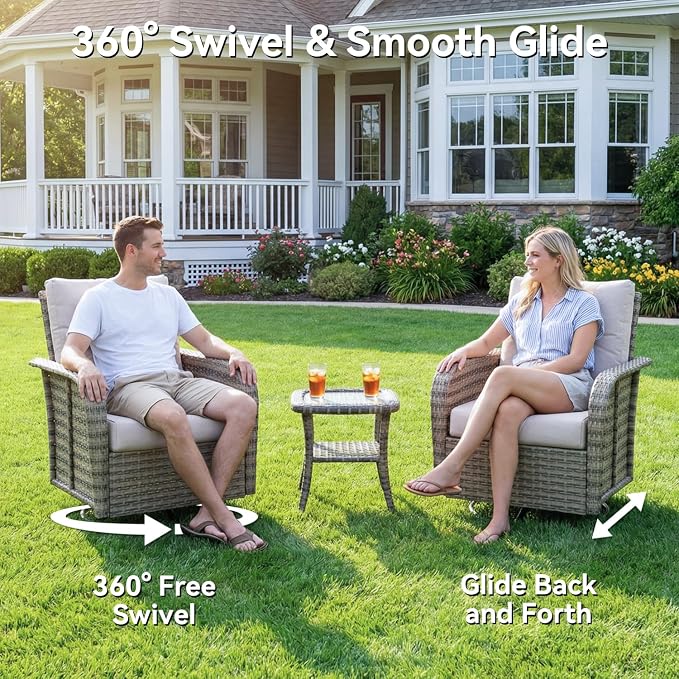 LazySunsets Luxury Patio Furniture Set with Fire Pit Table, All-Weather Patio Sectional Sofas with Thickened Cushions, 13 Piece Outdoor Furniture Set with Swivel Rocker Chairs & Ottomans, Beige