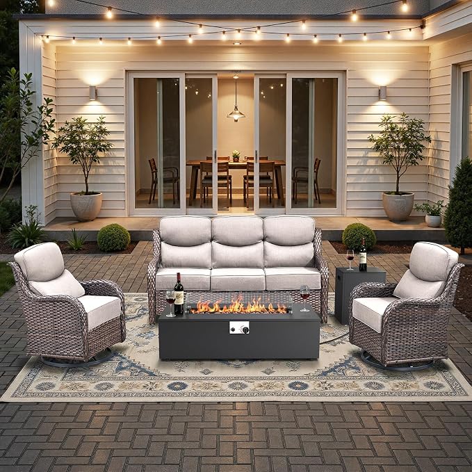 HUMMUH Luxury Patio Furniture Set 6-inch Thick Cushions High Back Swivel Rocker Chairs & 3 Seater-Couch & Steel Fire Pit Table 5 Pieces Outdoor Conversation Set for Porch,Deck,Backyard