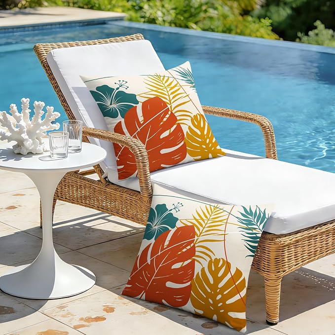 OTOSTAR Outdoor Waterproof Throw Pillow Covers 20x20 Inch Set of 2 Double-Sided Orange Yellow Tropical Leaf and Flower Spring Summer Decorative Pillow Cases for Patio Funiture Garden Balcony Couch