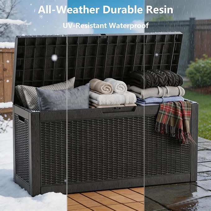 ROJIK Outdoor Storage Box, 70 Gallon Waterproof Deck Box, Weatherproof Resin Outside Storage Bin for Patio Furniture, Garden Tools, Pool Accessories, Cushion, Black