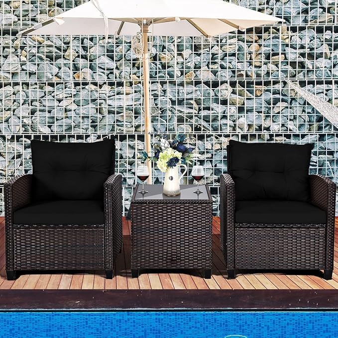 DORTALA Wicker Patio Furniture Set 3 Piece, Outdoor Table and Chairs with Tempered Glass Tabletop, Cushions, Small Rattan Conversation Sofa Set for Balcony, Porch, Backyard, Deck, Black