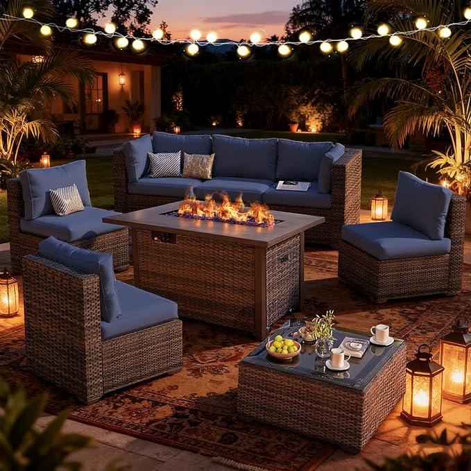 Patio Furniture Set, 8 PCS Outdoor Sectional Patio Furniture Set with 42" Fire Pit Table, Rattan Wicker Sofa Couch for Garden Backyard Deck Poolside, Blue