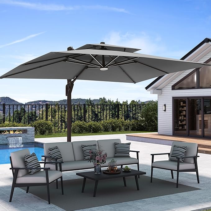 Deconk 9' X 12' Patio Umbrella with LED Lights Outdoor Cantilever Large Rectangle Offset Umbrellas Heavy Duty Aluminum Double Top with 360-degree Rotation for Pool Garden Deck, Grey