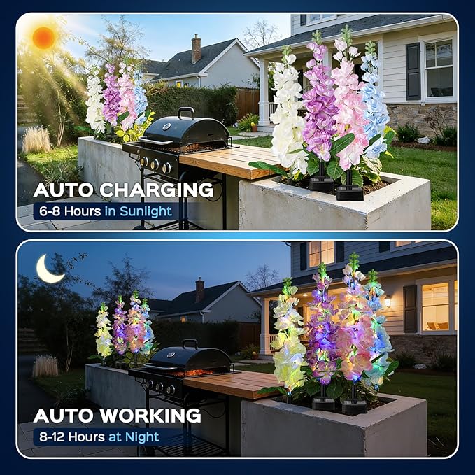 TANSOREN 2 Pack Solar Garden Lights Outdoor, LED Colorful Waterproof Solar Powered Hyacinth Flowers Landscape Lights for Patio, Outside Yard, Pathway Decorative, Décor, Gifts, Two Lighting Modes