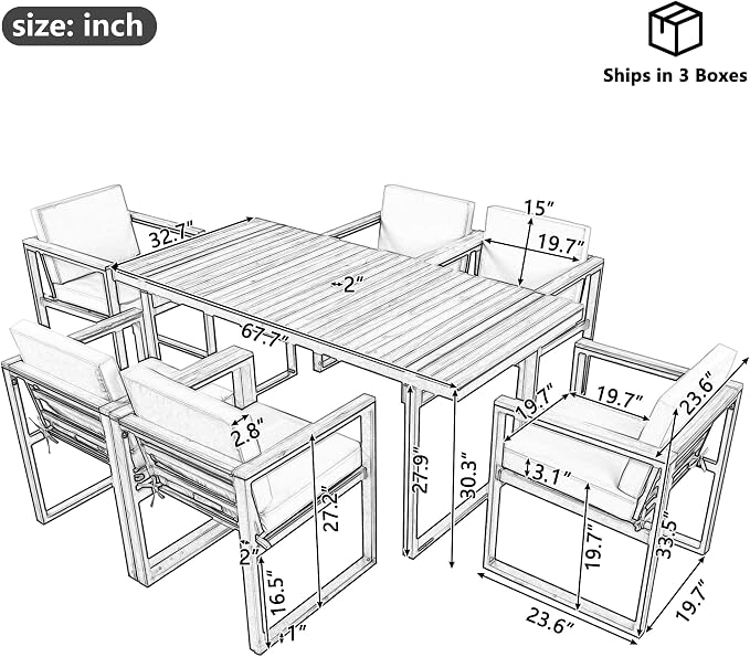 7 Pieces Outdoor Dining Set Patio Dining Table and Chair Set with and Removable Cushions for Patio, Backyard, Garden (Grey@40)