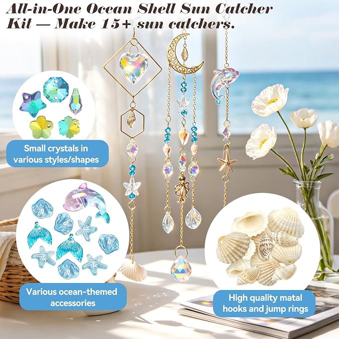 408 Pcs DIY Ocean Suncatchers Kit for Adults – Crystal Suncatchers Rainbow Maker with Genuine Natural Seashells, Art and Crafts for Adults, Hanging Window Decor for Home, Parties & Weddings