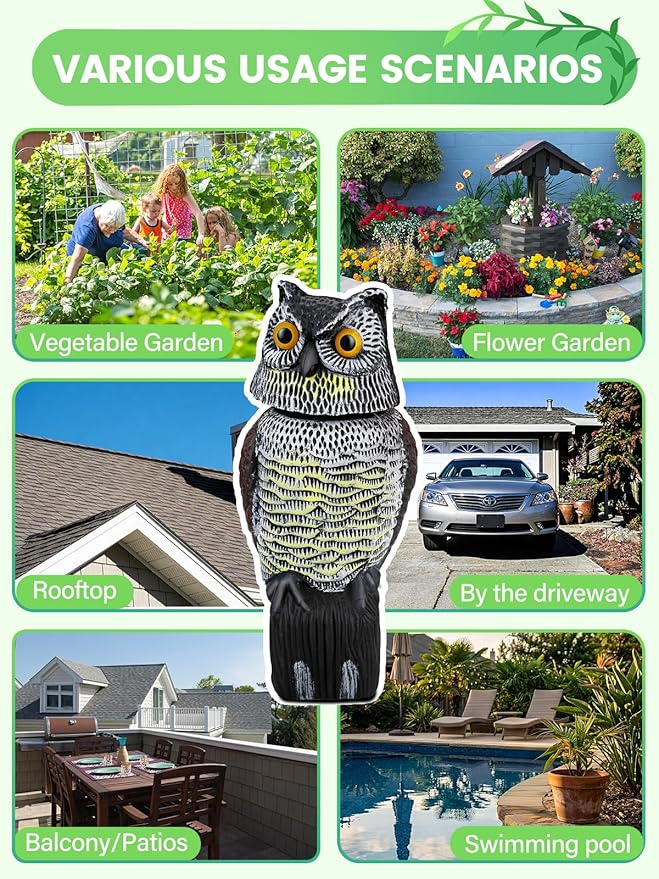 Owl Decoys to Scare Birds Squirrels Away, 360 Rotating Head Activated | Fake Owl Statues Repellent Pest Hawk Squirrel Cats Chickens Pigeon Bird Deterrents for Outside Garden Patios Backyard