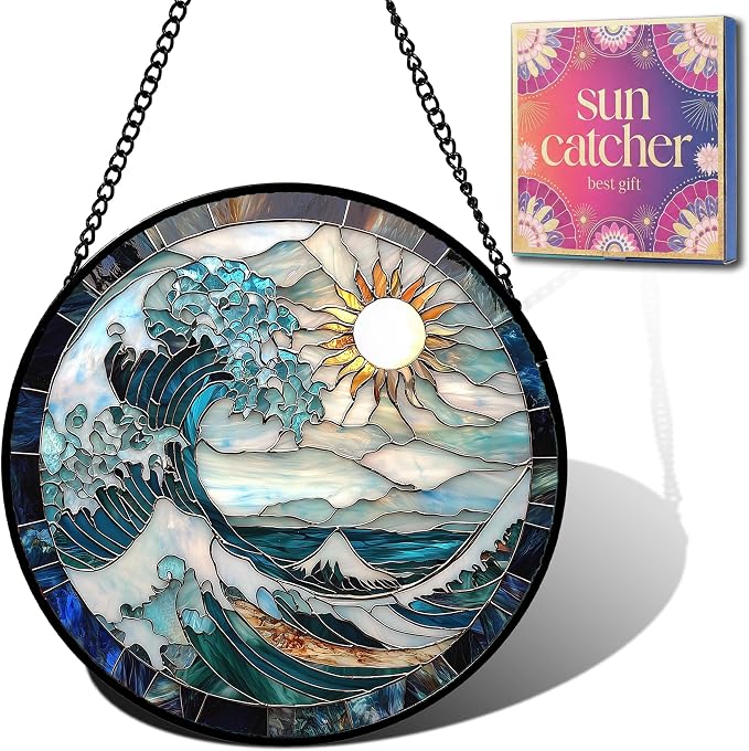 Birthday Gifts for Women - Blue Giant Waves Faux Stained Glass Window Hanging Sun Catcher for Door Garden Acrylic Home Sea Decor Mother's Day for Mom Nana Friend Grandma Wife 6.3"