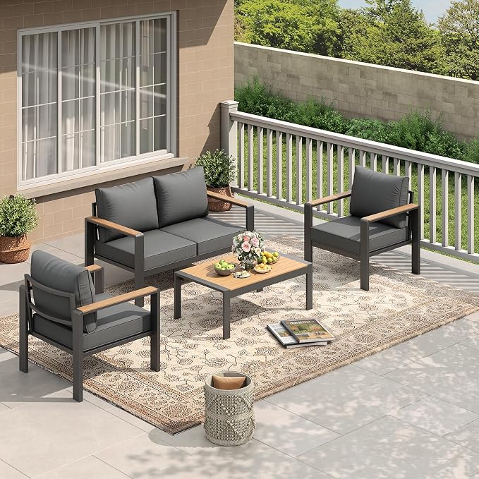 Garvee Aluminum Patio Furniture Set 4 Seats, Generous Outdoor Sectional with Washable Thick Cushions and Coffee Table, Patio Conversation Sets for Porch, Balcony, Deck, Yard