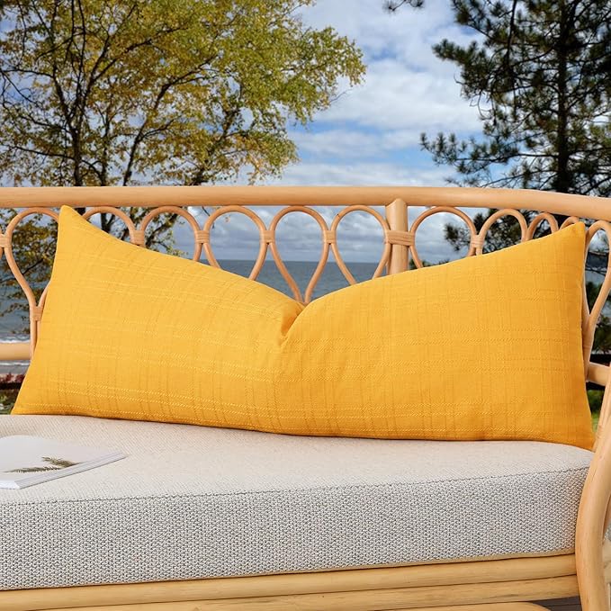 Kevin Textile Outdoor Waterproof 14”x36” Pillow Cover 1 Pack, Dark Yellow | Water Resistant, Soft Faux Linen-cotton Yarn-dyed Woven Texture Throw Pillow Covers for Tent Patio Garden Couch Sofa