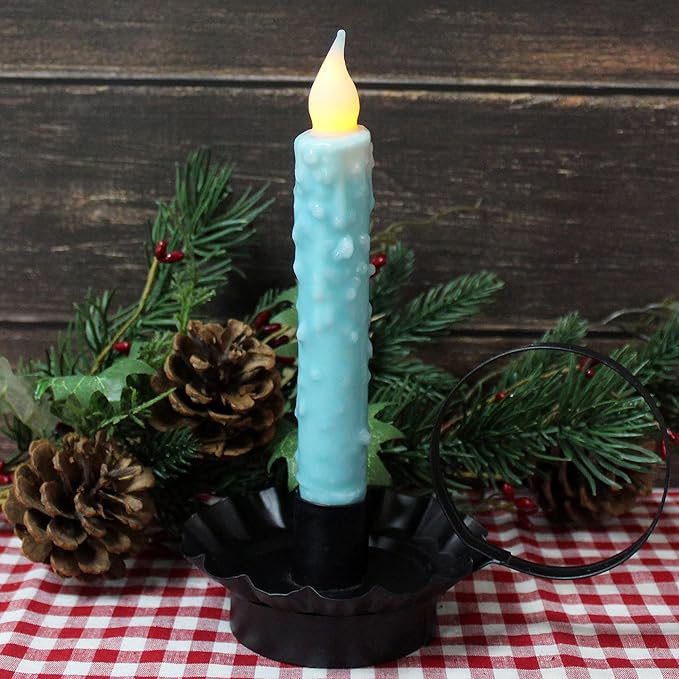 CVHOMEDECO. Real Wax Hand Dipped Battery Operated LED Timer Taper Candles Rustic Primitive Flameless Lights Decor, 6-3/4 Inch, Teal, 2 PCS in a Package