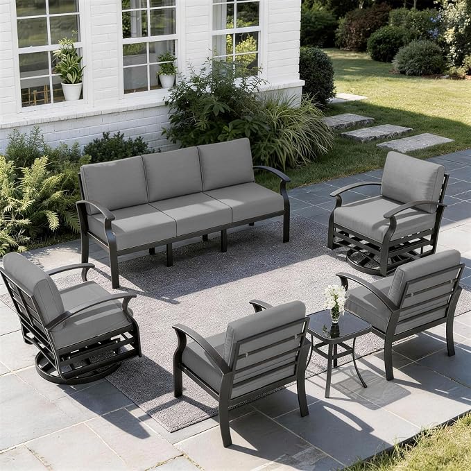 ALAULM Aluminum Patio Furniture Set with 2 Swivel Chairs 7-seat Metal Outdoor Furniture Patio Sectional Sofas Patio Conversation Set w/5.1" Cushions for Patio, Backyard, Poolside-Grey