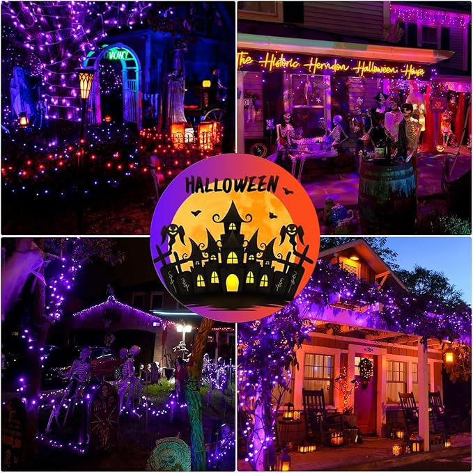 FairyGlim Halloween String Lights Plug in,33FT 100 LED String Lights with 8 Modes & Timer, Halloween Decorations for Party Carnival Supplies, Outdoor Indoor Yard Garden Decor, Purple & Orange