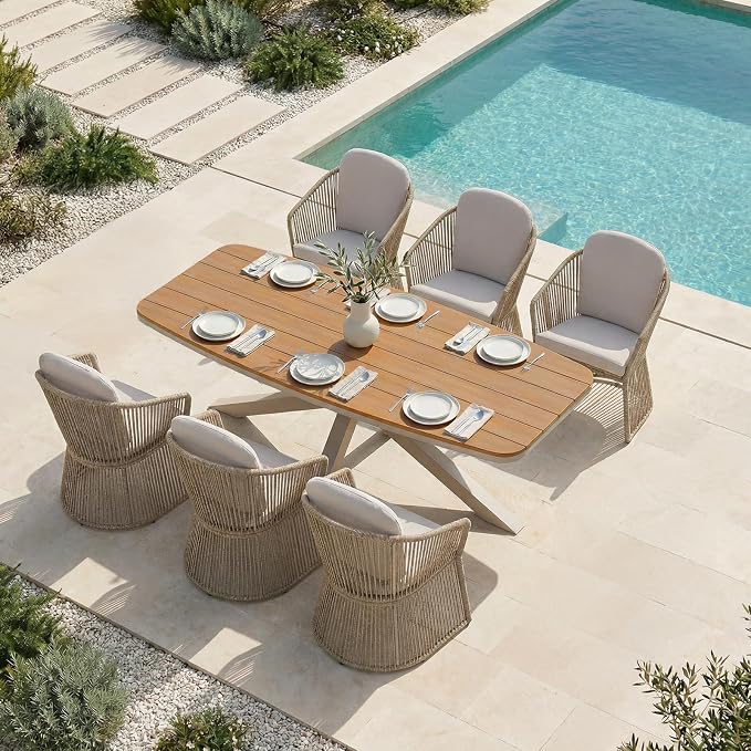 SUNSITT 7 Piece Outdoor Patio Dining Set, Patio Dining Furniture Set with 87” Aluminum Dining Table w/X Base Legs and 6 Woven Wicker Outdoor Patio Chairs w/Curved Armrest for Garden, Beige