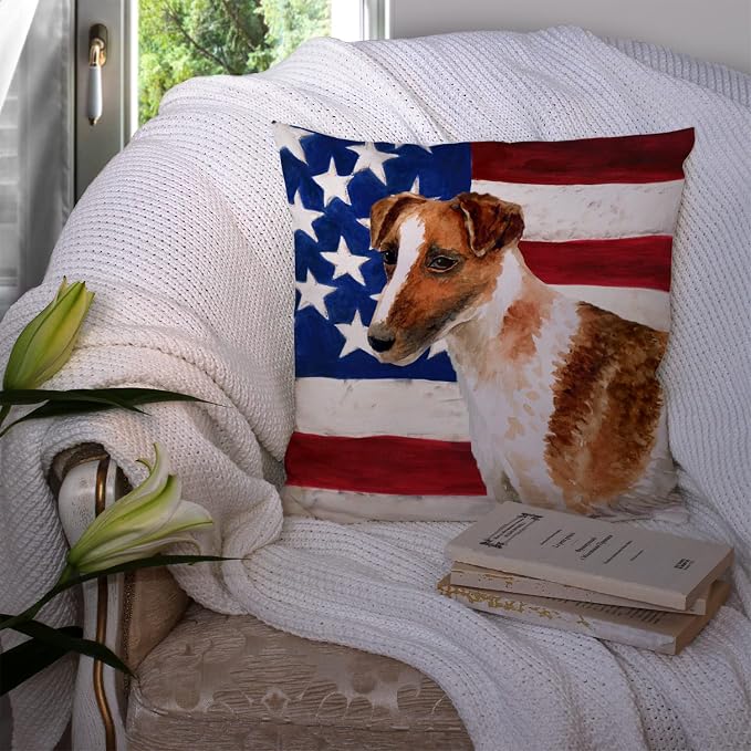 Caroline's Treasures BB9647PW1414 Smooth Fox Terrier Patriotic Fabric Decorative Pillow Machine Washable, Indoor Outdoor Decorative Pillow for Couch, Bed or Patio, 14Hx14W