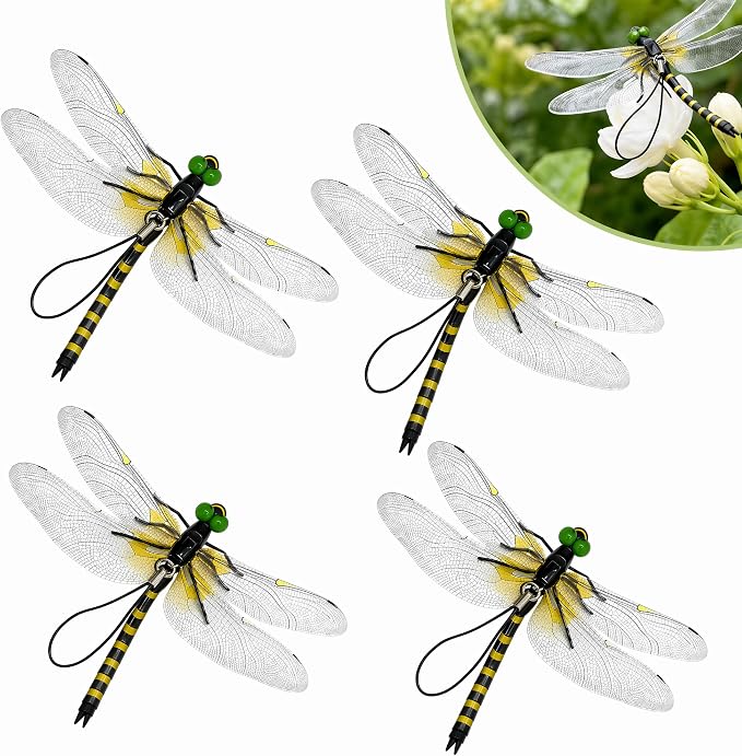4PCS Dragon Fly Clips for Bugs Repellent - 3D Realistic Dragonfly Clips to Keep Bugs Away - Driving Away Mosquitoes, Bees & Flies - Fake Dragonflies for Indoor & Outdoor - Garden Decor, Patio, Hat