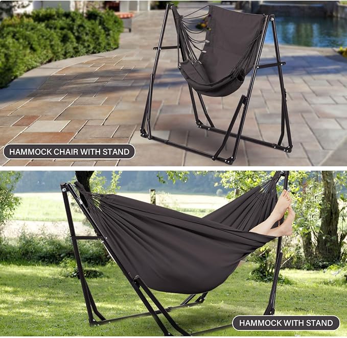 2 in 1 Hammock with Stand, Outdoor Hammock Swing Chair with Portable Heavy Duty Stand, Multi-Functional Hammock Stand 480 lbs Weight Capacit-Gray