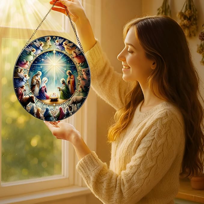 Stained Glass Window Hanging, LAOWEIKI 8'' Nativity Scene Suncatcher, Stained Glass Ornament, Window Decor, Outdoor or Indoor, Christian Gifts, Religious Gifts for Women