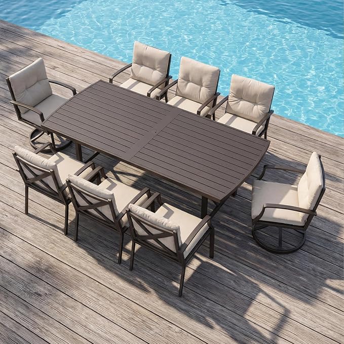 9 Pieces Outdoor Dining Set, Never-Rust Aluminum Patio Dining Set for 8, Patio Table and Chairs Set with 2 Swivel Rocker Chairs, Patio Furniture Setfor Decks, Garden, Lawn, Gunmetal