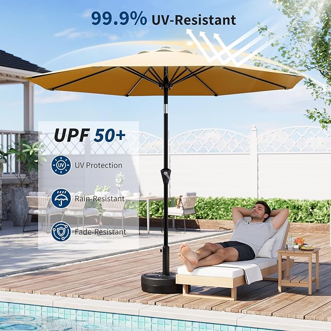 Garvee 9FT Patio Umbrella - Outdoor Table Umbrella with Smooth Crank Lift, Push Button Tilt and 8 Sturdy Ribs - Market Umbrella UV Protection Waterproof for Pool, Deck, Yard, Garden (Yellow)