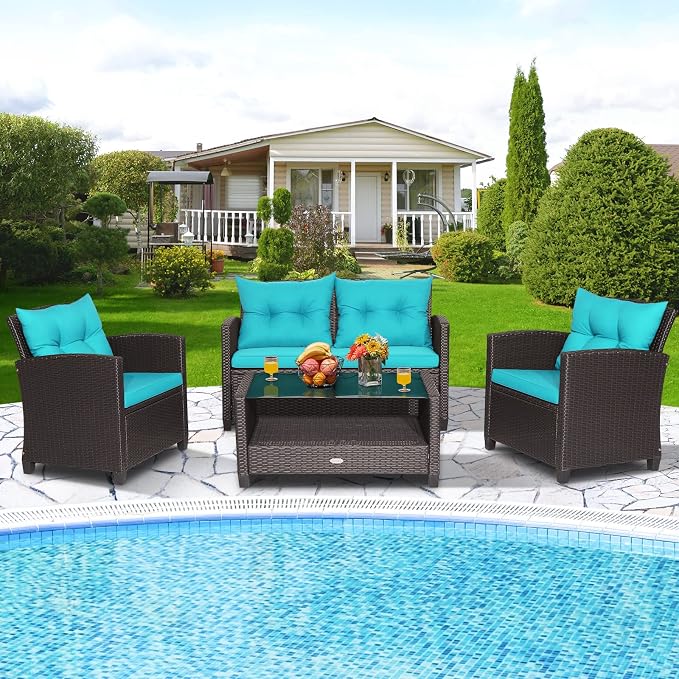 Tangkula 8-Piece Patio Furniture Set, Rattan Wicker Chair Set with 2 Loveseat, 4 Single Sofas, 2 Coffee Table with Tempered Glass Top, Outdoor Furniture Sets for Backyard, Porch, Garden and Poolside