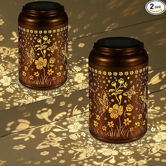 2 Pack Butterflies Solar Lanterns Outdoor Waterproof Garden Decor | Metal Hanging Solar Lights Birthday Gifts for Grandma Mom Solar Decoration Outside for Yard, Patio, Backyard, Porch