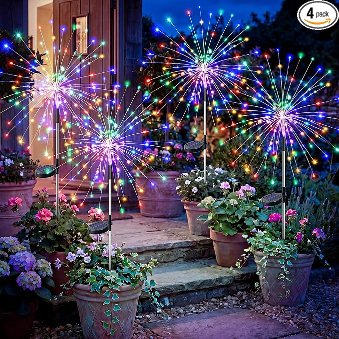 btfarm 4 Pack Solar Garden Lights Outdoor, 8 Modes Firework Lights Outside | 120LED, Waterproof Fairy Twinkle Light Solar Powered for Yard Christmas Pathway Lawn Pool Patio Decorative, Multicolor