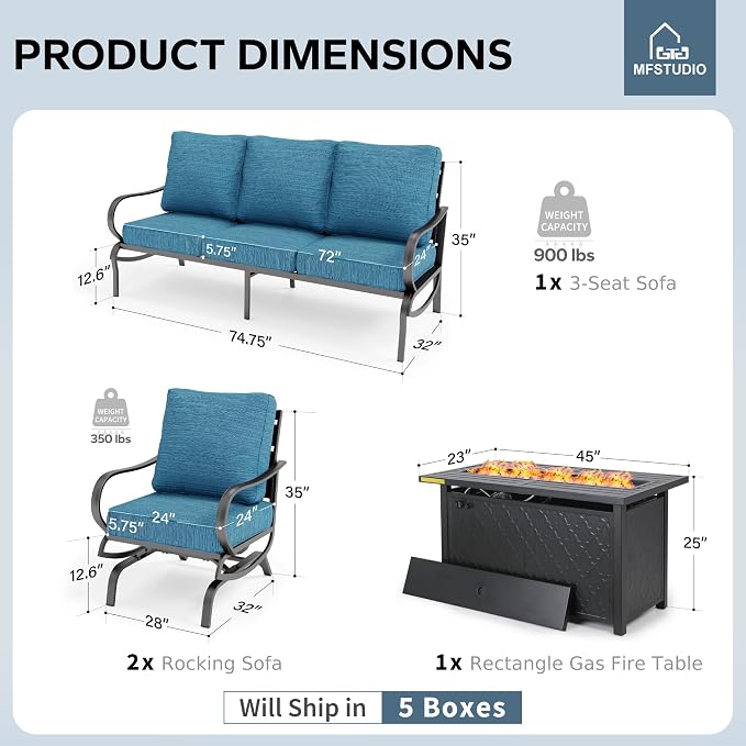 MFSTUDIO 4 Piece Patio Conversation Sets, All Weather Metal Frame Outdoor Furniture Set Patio Sofas with 1 x 45 Rectangular Fire Pit Table, 1 x 3-Seat Sofa, 2 x Rocking Chairs, Peacock Blue Cushion