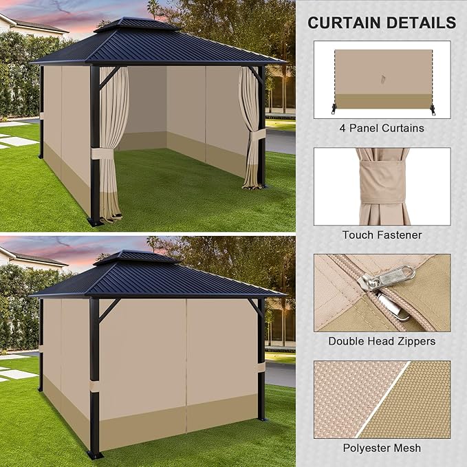 Aoodor 10x13 ft Outdoor Gazebo Curtains, 4 Panels Waterproof Privacy Sidewall Replacement with Zipper for Patio Pergola and Canopy, Sand Yellow and Khaki
