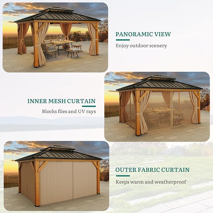 YITAHOME 13x15ft Wood Gazebo Outdoor Wooden Frame Double Roof Hardtop Galvanized Steel Top Canopy w/Curtain and Netting, Patio Heavy Duty Gazebo for Deck, Backyard, Golden