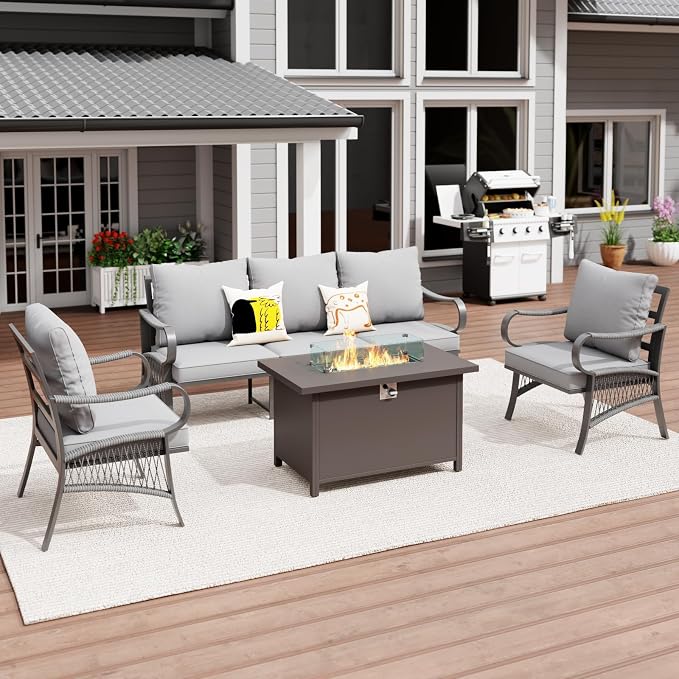 4 Piece Patio Furniture Set with 50000 BTU Propane Fire Pit Table, All Weather Metal Outdoor Conversation Sofa Set with Thick Cushions for Garden, Porch, Lawn, Grey
