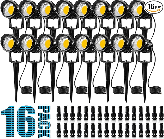 SUNVIE LED Low Voltage Landscape Lights with Spike Stand & Connector 16Pack | 12V 3000K Waterproof 900LM Yard Pathway Garden Lights Wired Wall Tree Flag Landscape Spotlights Outdoor (Require Transformer)