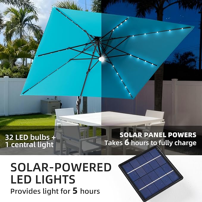 JZAC & QZYD 9x9 FT Outdoor Cantilever Patio Umbrella with Solar LED Lights, Large Heavy Duty 2-Tier Canopy Square Aluminum Offset Umbrellas with 360-Degree Rotation for Pool Deck Backyard, Turquoise