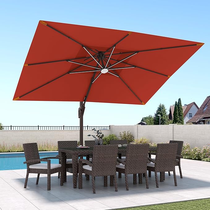 9 X 12 FT Cantilever Patio Umbrella with Led Lights Outdoor Heavy Duty Double Top Rectangle Offset Umbrellas with 360-degree Rotation for Pool Deck Backyard, Wine Red