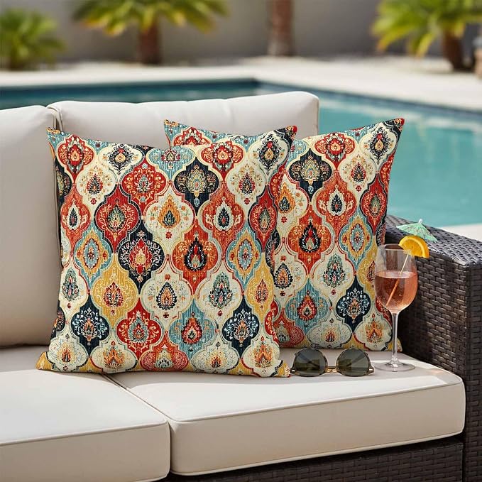 Bohemian Floral Outdoor Pillow Covers 26"x26" Set of 2, Moroccan Exotic Colored Floral Waterproof Throw Pillow Covers for Patio Furniture, Decorative Cushion Covers for Porch