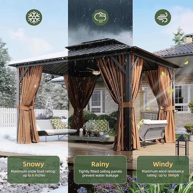 Aoxun 10’x12’ Hardtop Gazebo, Permanent Metal Pavilion with Galvanized Steel Double Roof, Outdoor Pergola with Nettings and Curtains for Lawn, Garden, Patio (Brown)