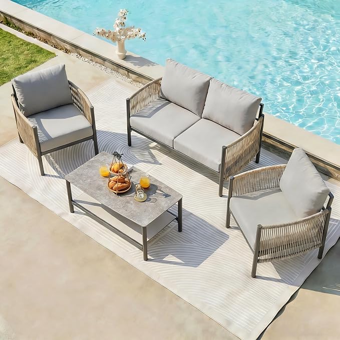 Aluminum Patio Furniture Set, 4 Seats Modern Outdoor Sectional Furniture with PE Rope & Dual-Layer Coffee Table, Luxury Patio Conversation Sets with 6" Cushions for Backyard/Garden, Gray