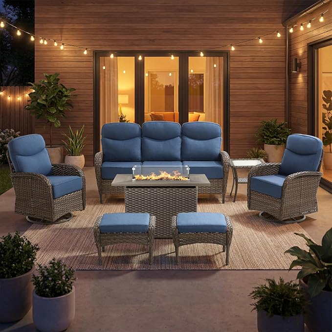 High Back Luxury Patio Furniture Set with Fire Pit Table, 6-Inch Cushion Swivel Rocker Patio Chairs with Outdoor Couch, 7 Piece Wicker Conversation Set for Deck Yard Garden Balcony Blue