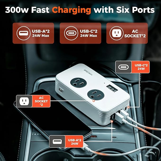 300W Car Power Inverter, DC 12V to AC 110V Car Adapter Outlet Plug with PD 25W USB-C, QC3.0 and LCD Display Laptop Car Charger