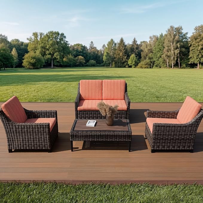 Wicker Patio Conversation Set, Outdoor Patio Chair Set with Deep Seating, Wide Armrests & Thick Cushions, All-Weather Outdoor Furniture Set for Patio, Porch, Deck & Backyard