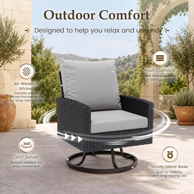 UDPATIO Patio Furniture Set with Fire Pit Table, 7 Pieces Outdoor Conversation Sets with Swivel Chairs and Ottomans, All-Weather Rattan Wicker Patio Sofa Couch for Backyard, Deck, Porch, Grey/Black