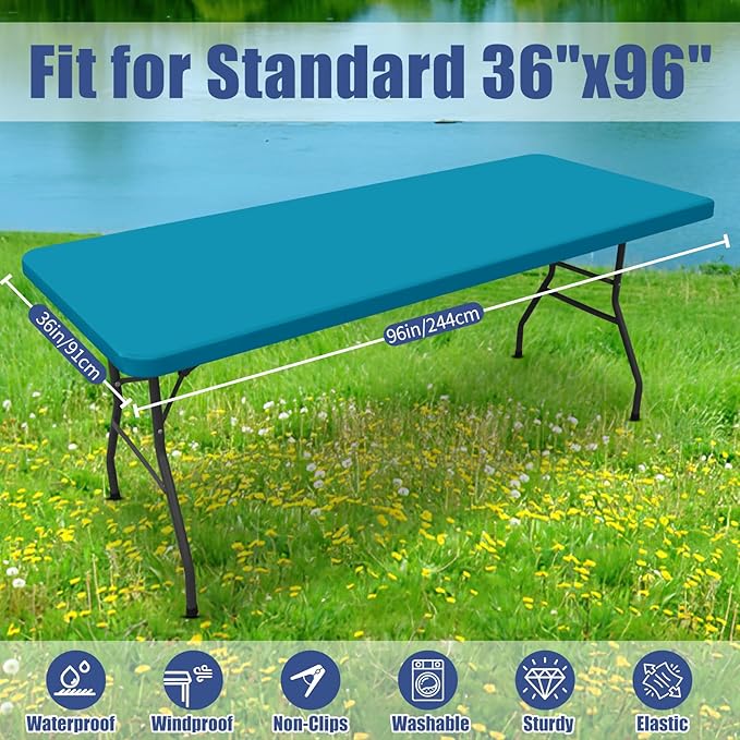 Moosfor Spandex 8 Foot Rectangle Table Cloth 2 Pack, Elastic Fitted Tablecloths for Picnic, Stretch Washable Patio Table Cover for Outdoor, Camping, Banquet and Parties (Teal, 36"x96")